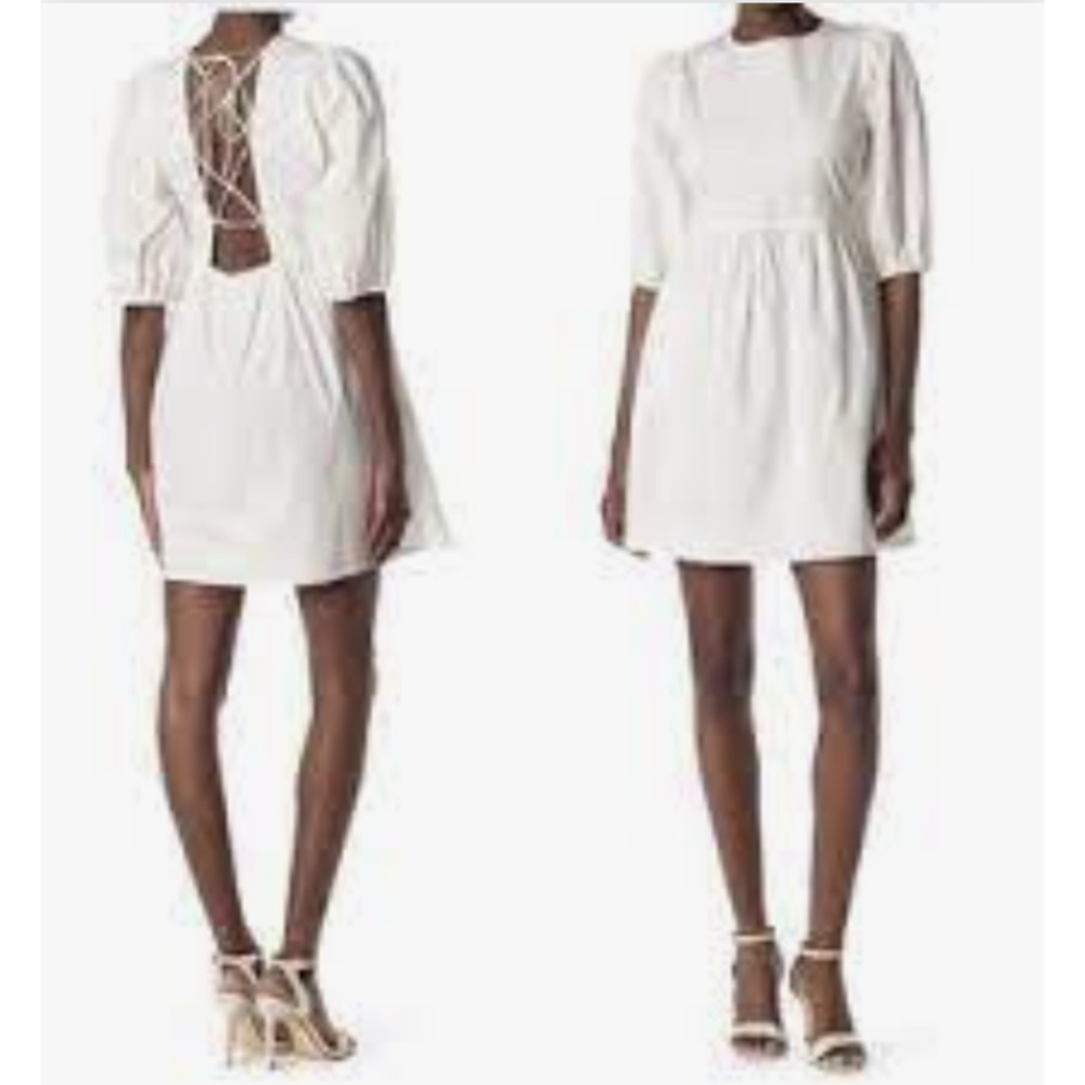 Wayf Ivory Open Lace Up Back Babydoll Puff Half Sleeve Dress w Pockets